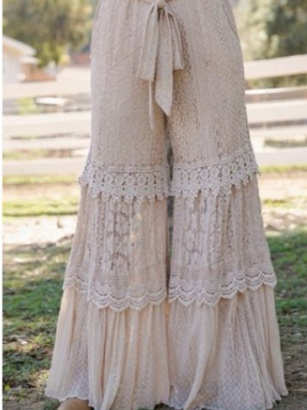 YOUNG THREADS NWT Boho Lace Tiered Wide-Leg Pants — Cream